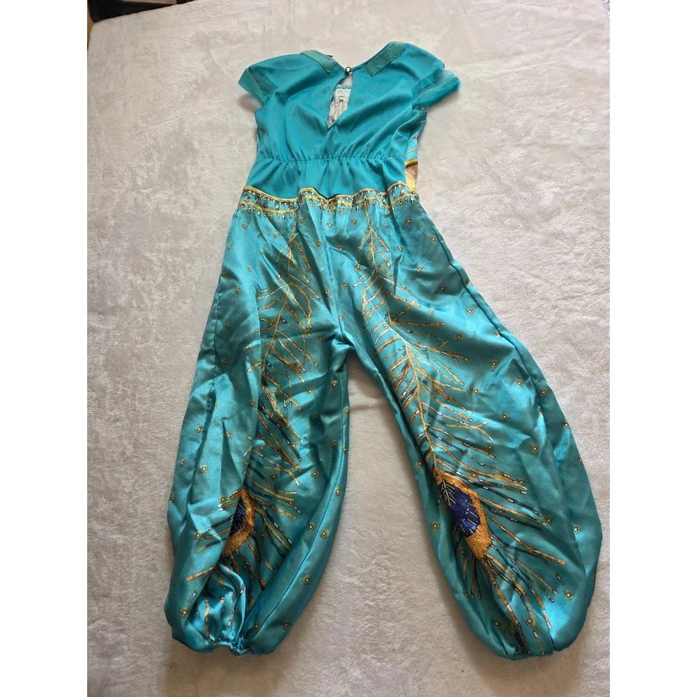 385 Disney Aladdin Jasmine Jumpsuit Costume Girls XS 3T-4T Turquoise Gold